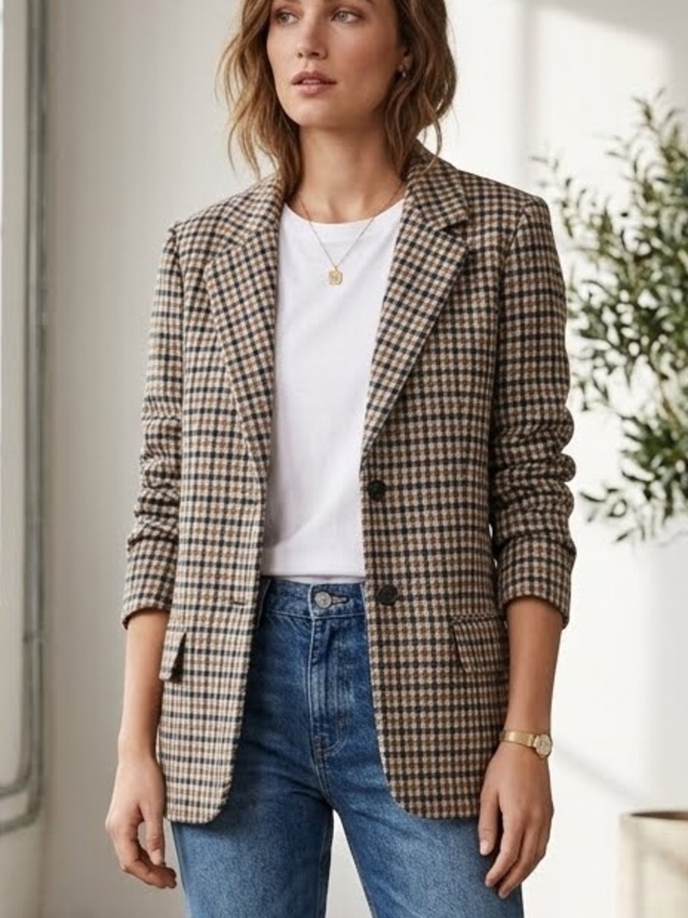 Houndstooth Blazer Part Two 38 beige cream navy stretch office campus NWT